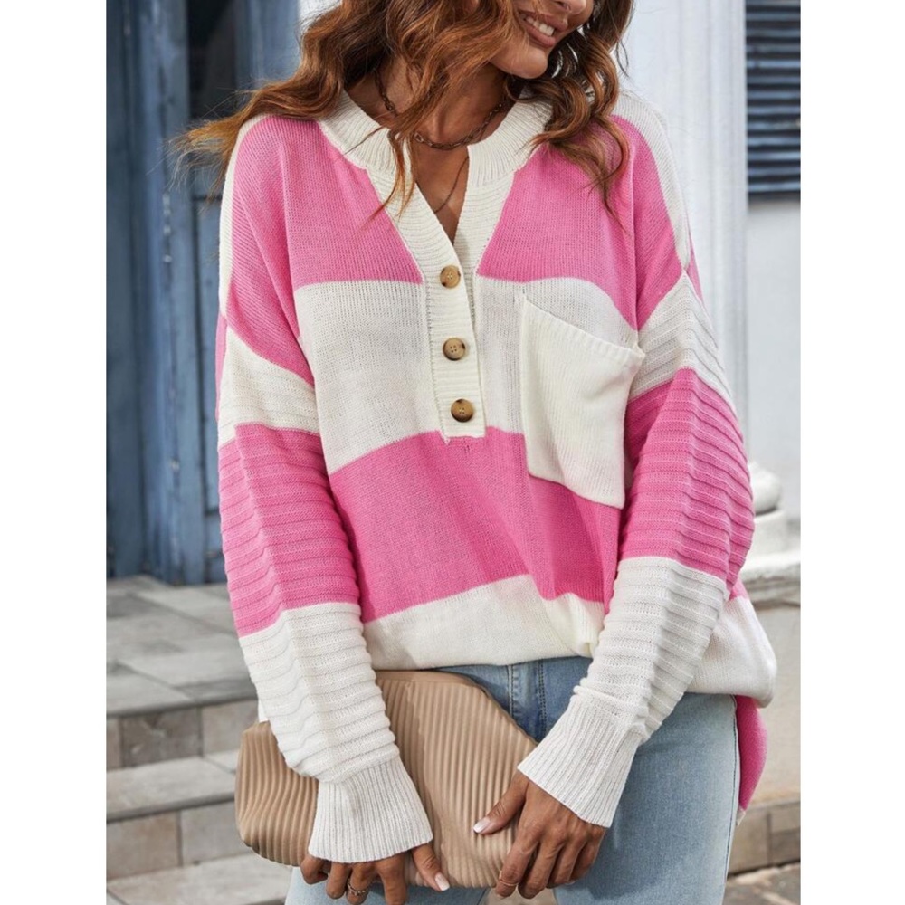 White and Pink Striped Lightweight Oversized Sweater